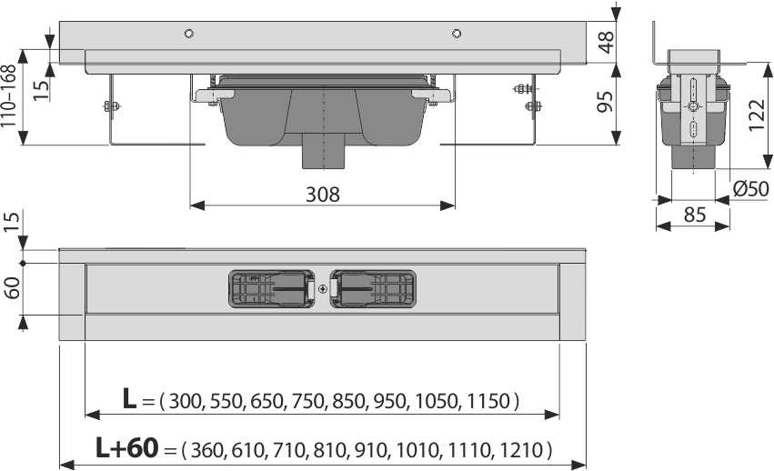 APZ1016 Wall - Водоотводящий желоб с порогами для цельной решетки и фиксированным воротником к стене, вертикальный сток